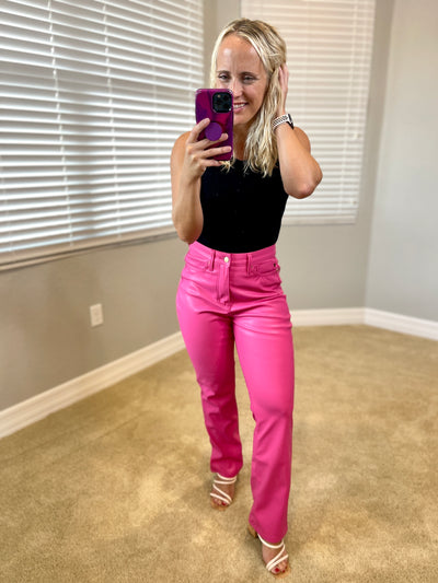 Judy Blue Tanya Control Top Faux Leather Pants in Hot Pink