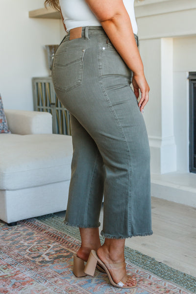 Judy Blue Harvey High Rise Control Top Wide Leg Crop Jeans in Olive