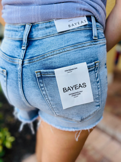 Bayeas Light Blue Mid-Rise Raw Hem Denim Shorts