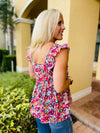 Floral Buttoned Square Neck Ruffled Tank