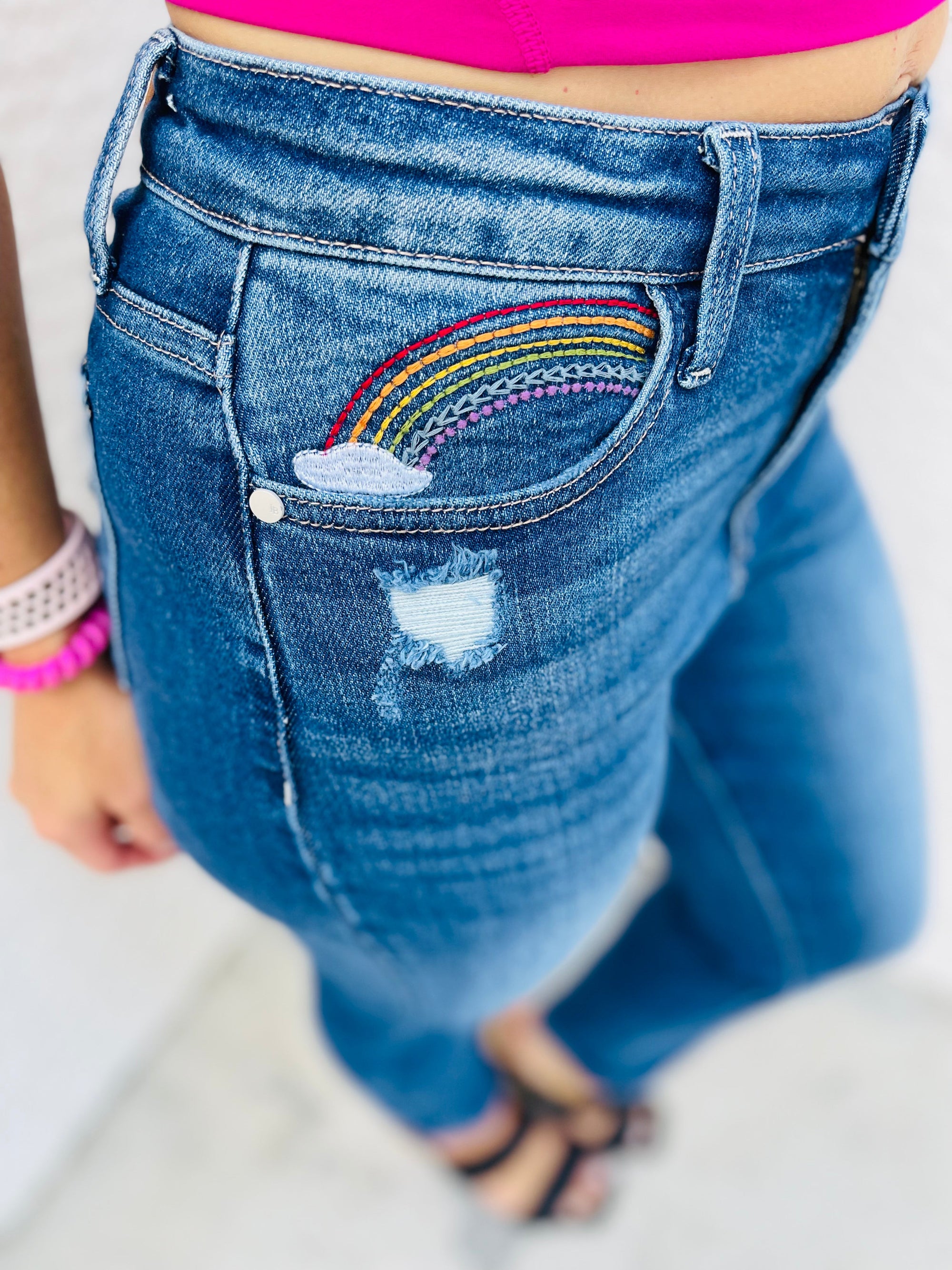 IS Hi-Rise Rainbow Embroidery Cropped Straight Leg Jeans