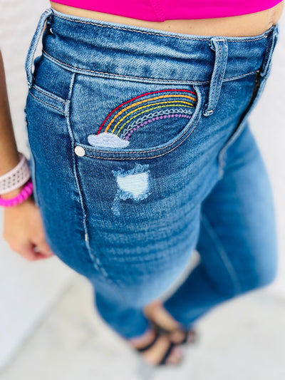 IS Hi-Rise Rainbow Embroidery Cropped Straight Leg Jeans