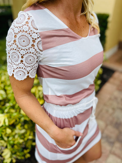 Lace Crochet Short Sleeve Drawstring Striped Dress
