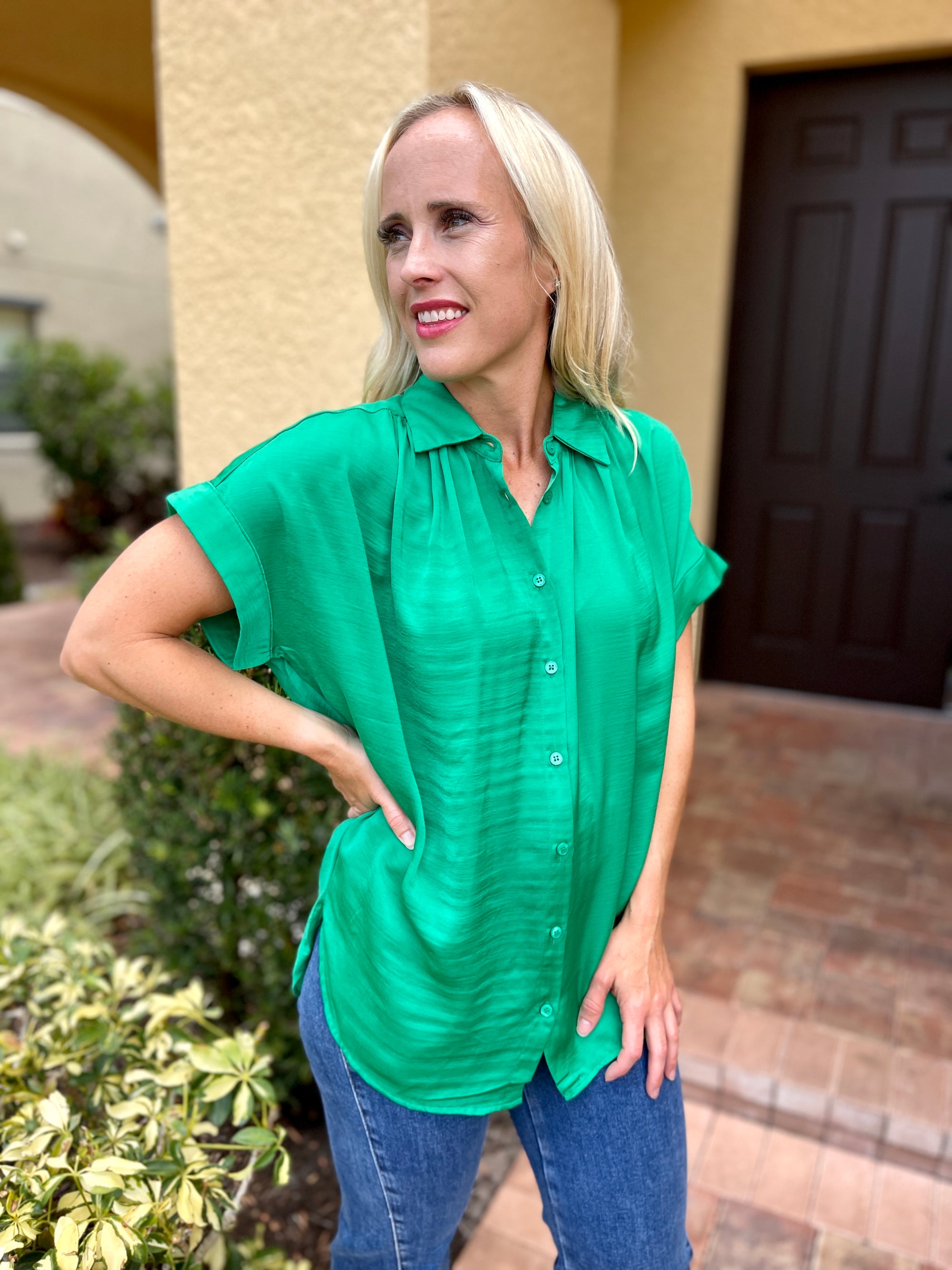 Working On Me Top in Kelly Green