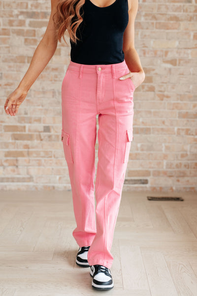 Judy Blue - Peggy High Rise Cargo Straight Jeans in Pink