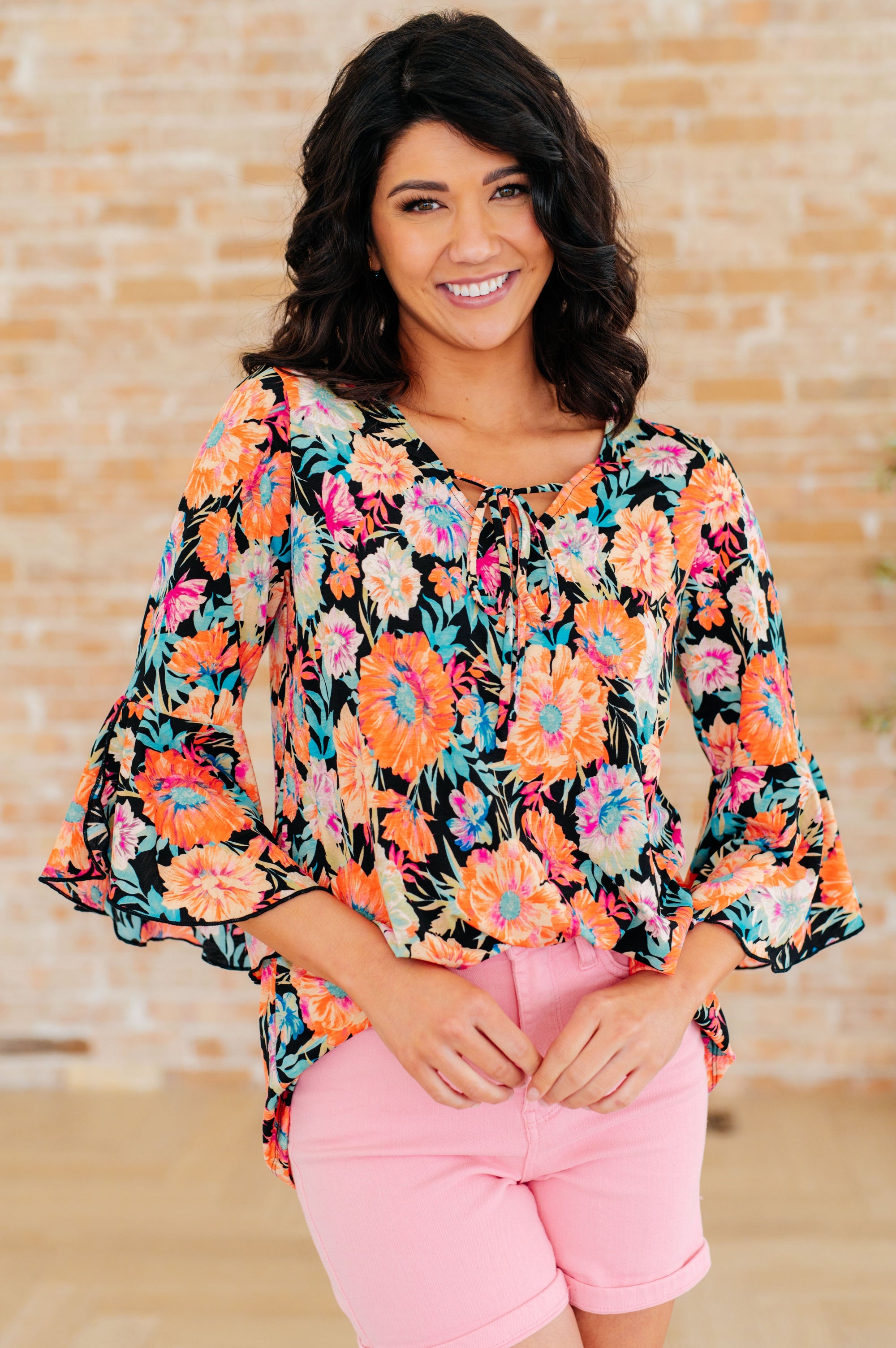 Willow Bell Sleeve Top in Black and Persimmon Floral