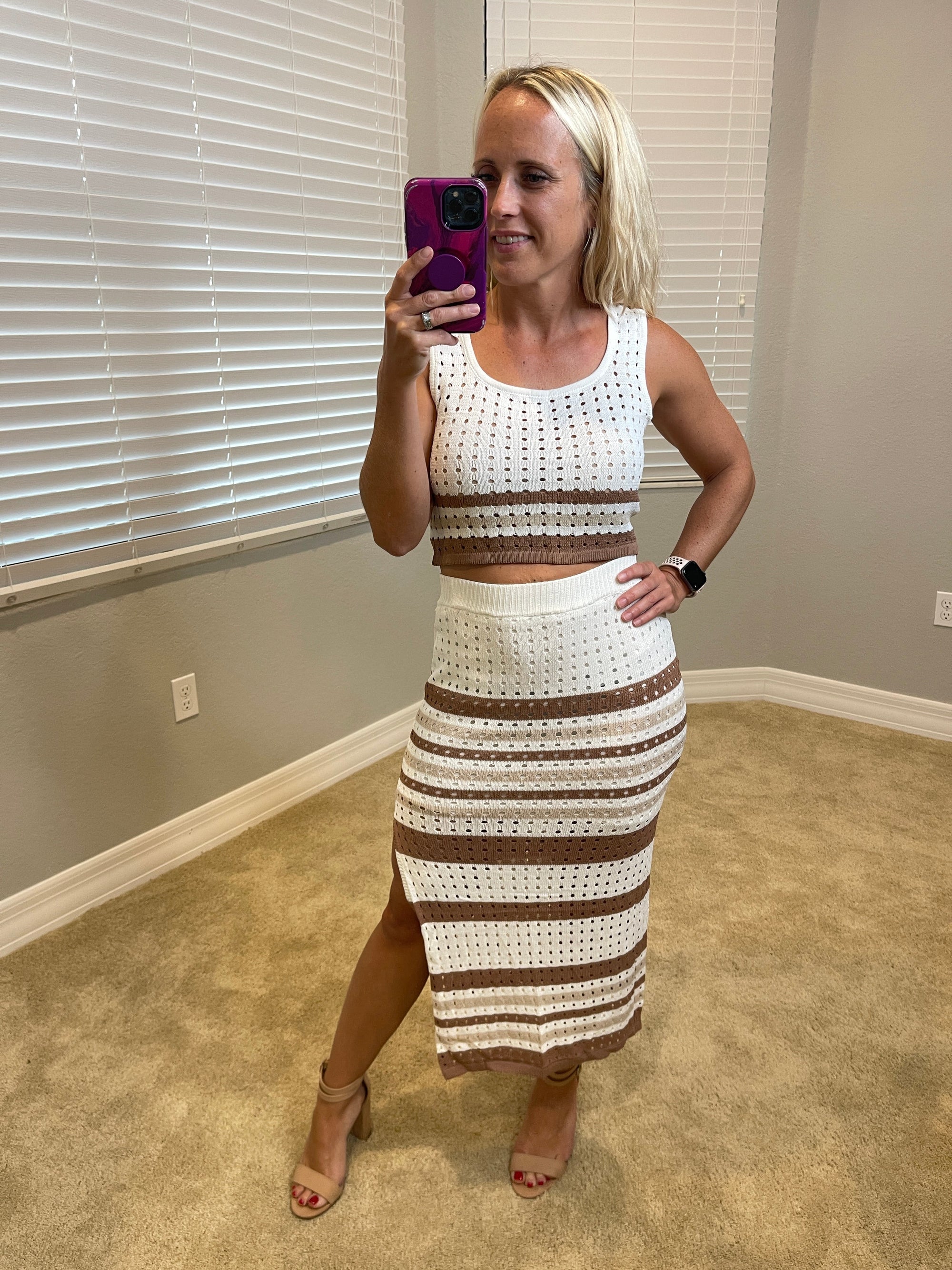 Sample Striped Openwork Cropped Tank and Split Skirt Set
