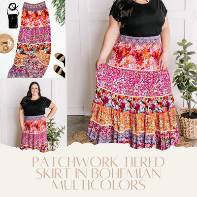 Patchwork Tiered Skirt In Bohemian Multicolors