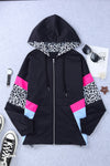 Leopard Color Block Zip-Up Hooded Jacket
