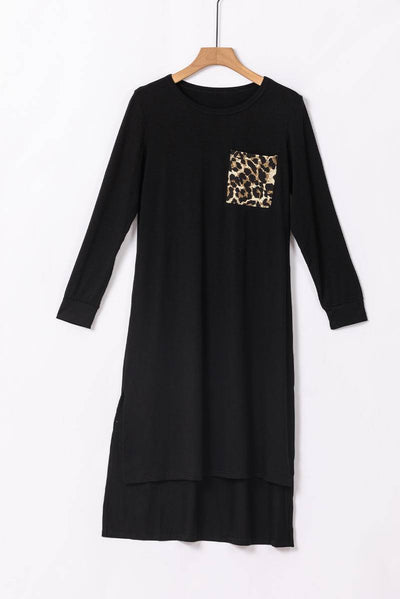 Leopard Patch Side Slit Long Sleeve Midi Dress