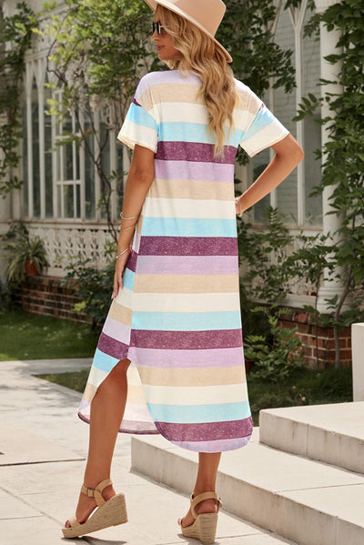 Striped V-Neck Curved Hem Midi Dress