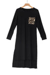 Leopard Patch Side Slit Long Sleeve Midi Dress
