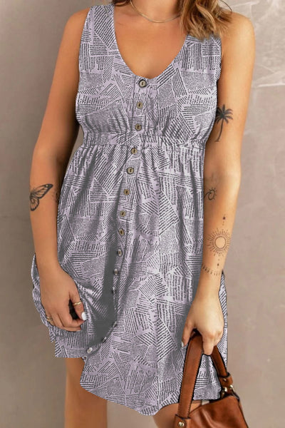 Printed Scoop Neck Tank Buttoned Dress w/Pockets