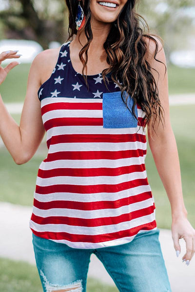 USA Flag Stars Stripes Print Tank With Patch Pocket