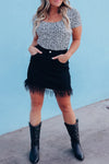 Feather Fringed Black Denim Skirt