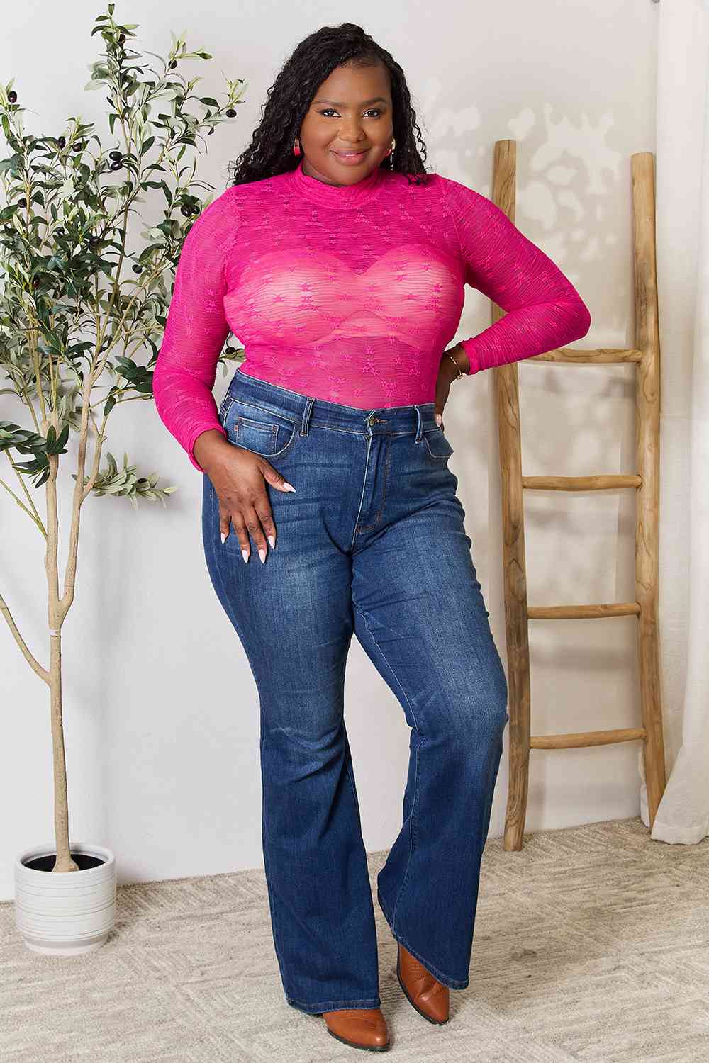  Plus Size Long Sleeve Bodysuit for Women, Crew Neck