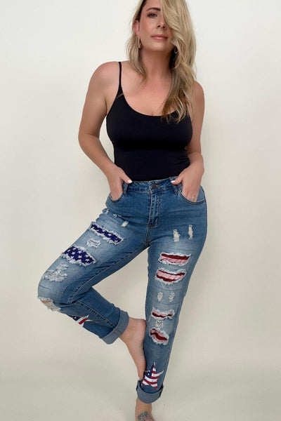 Stars And Stripes Patchwork Slim Fit Distressed Jeans