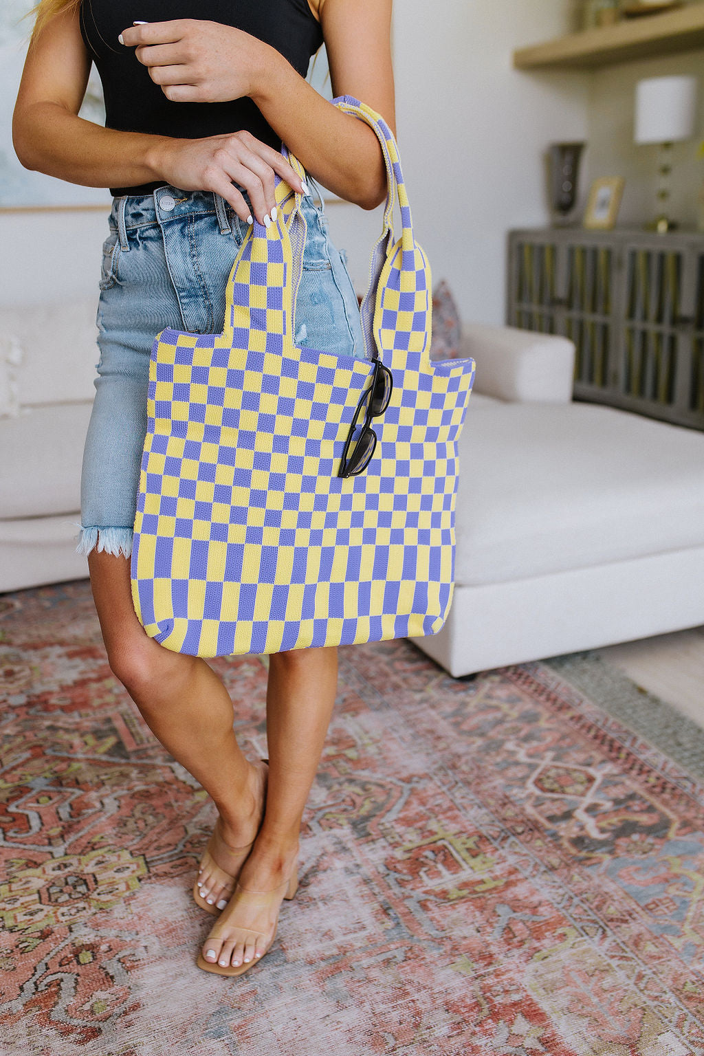 Checkerboard Lazy Wind Tote in Lilac & Yellow