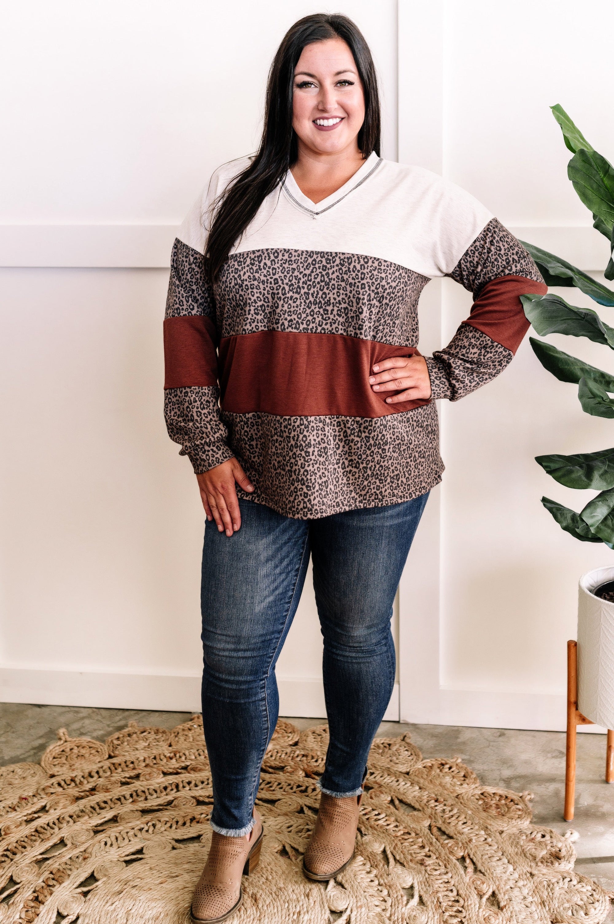 V Neck Long Sleeve Color Block Top In Rust & Neutral Leopard