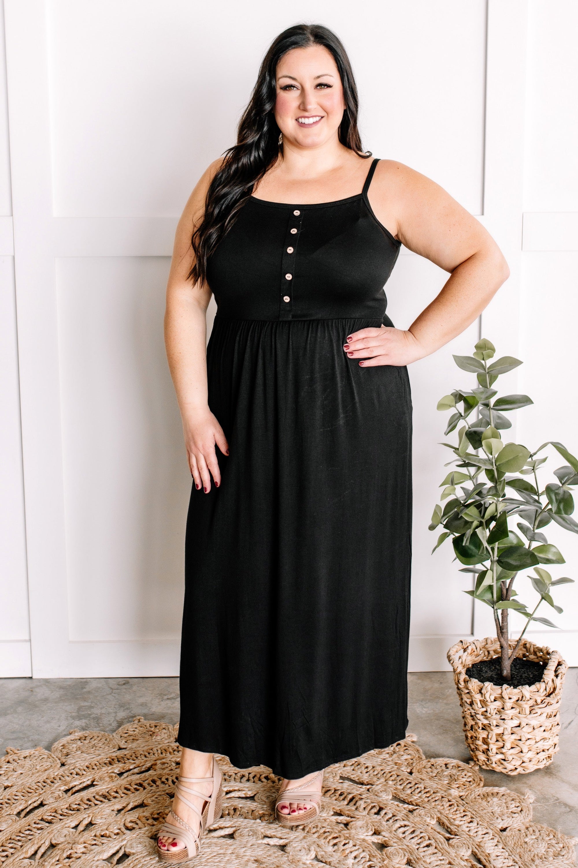 Decorative Button Front Maxi Dress With Pockets In Midnight Black