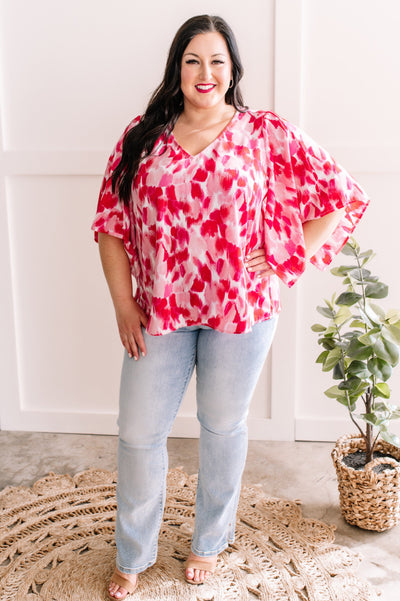 V Neck Blouse With Angled Sleeves In Pink & Red Abstract