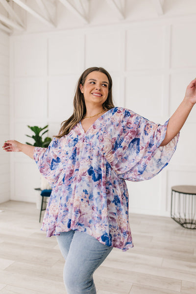 Fabled in Floral Draped Peplum Top in Blue