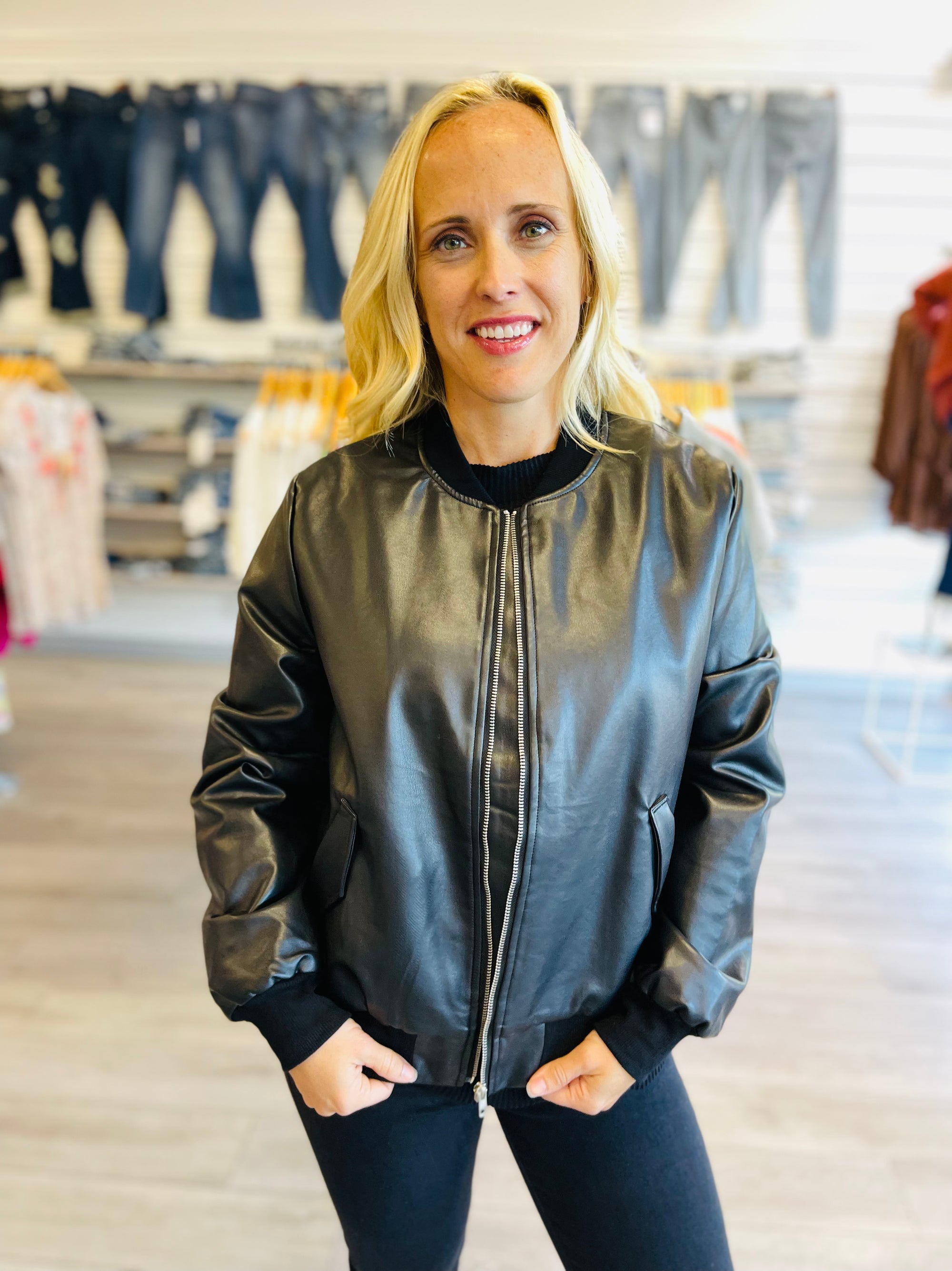 This Is It Faux Leather Bomber Jacket In Black - Bella Jade