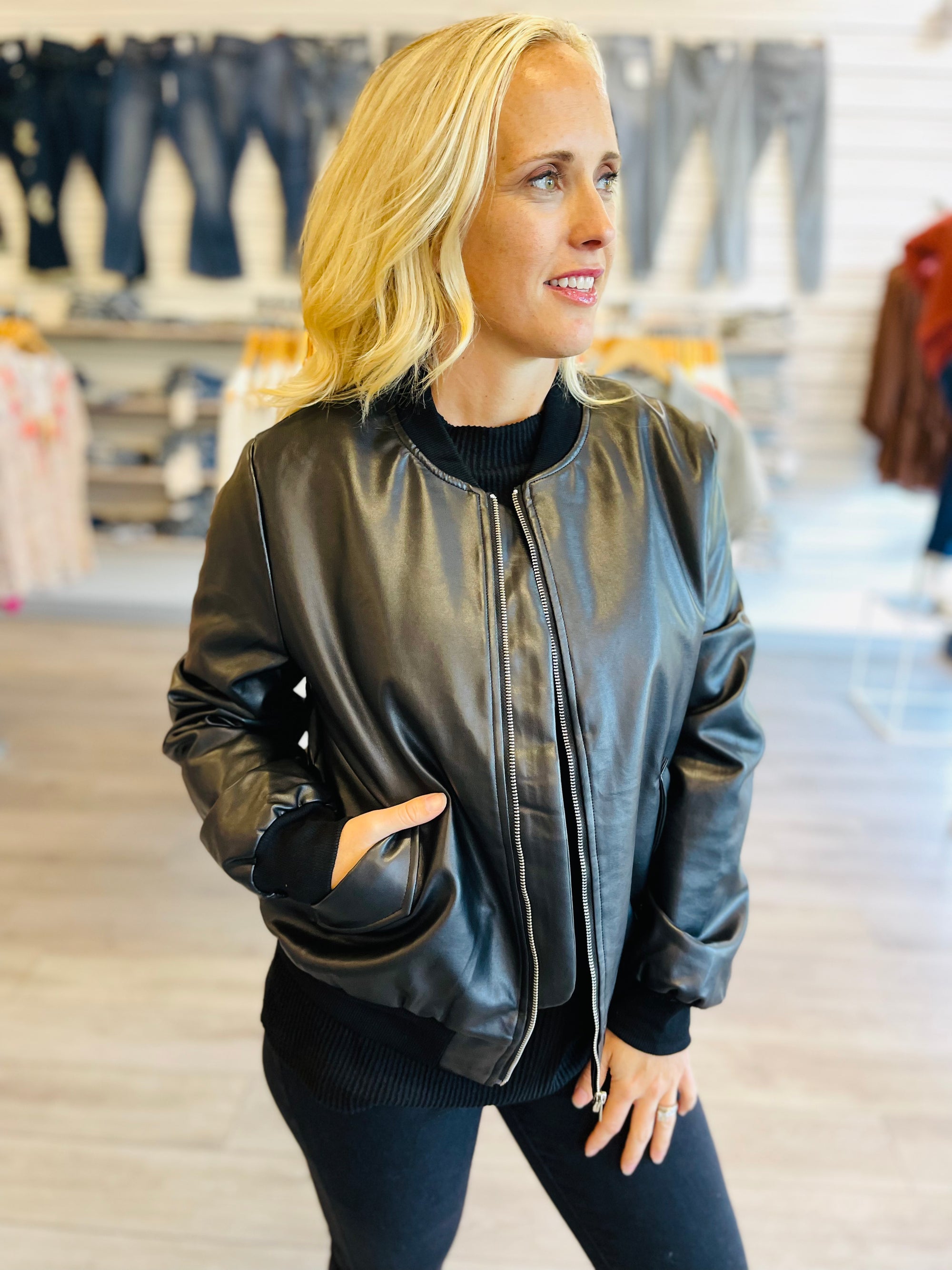 This Is It Faux Leather Bomber Jacket In Black - Bella Jade