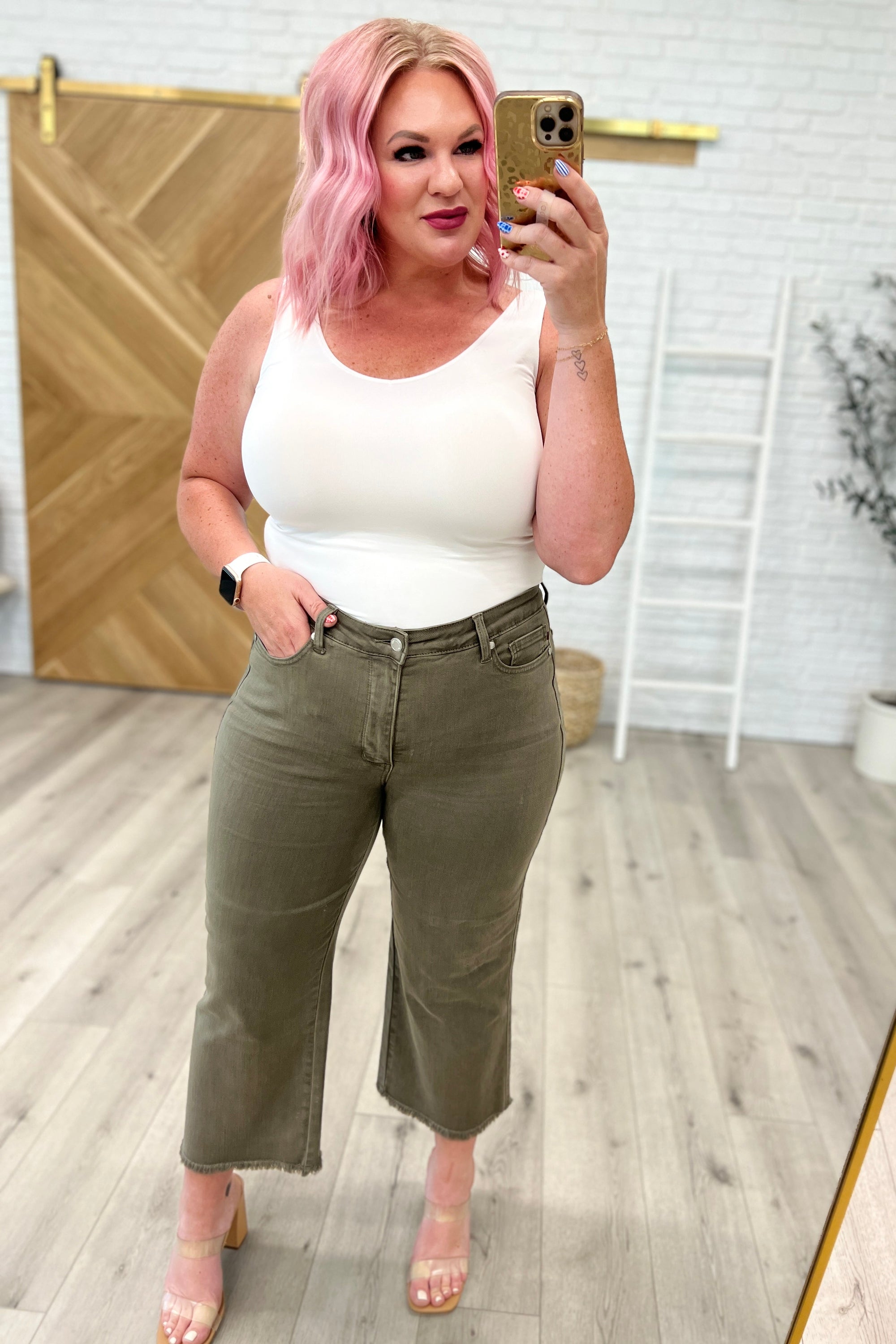 Judy Blue Harvey High Rise Control Top Wide Leg Crop Jeans in Olive