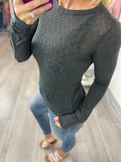 Little Talks Ribbed Long Sleeve Top in Charcoal