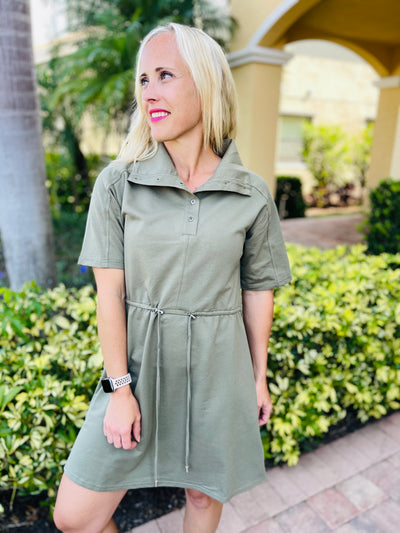 Darla Button Up Collared Dress in Olive