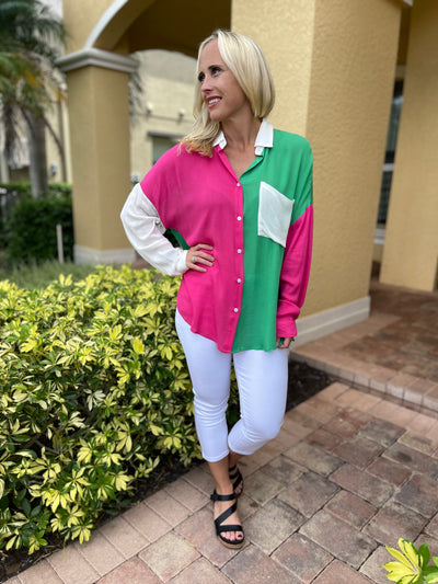 Capture the Day Two Toned Button Up Kelly