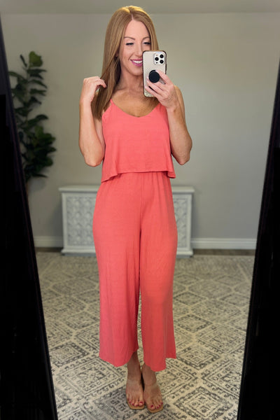 Ribbed Double Layer Jumpsuit in Deep Coral