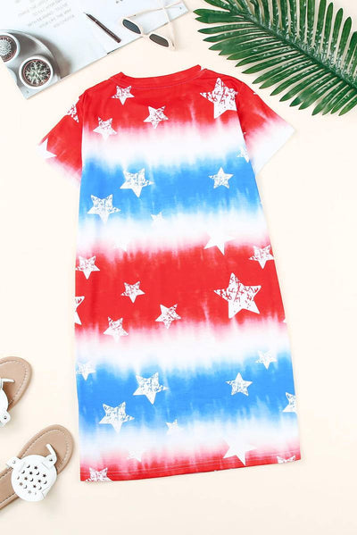 Tie Dye Patriotic Red White Blue Stars Flag Mini Dress