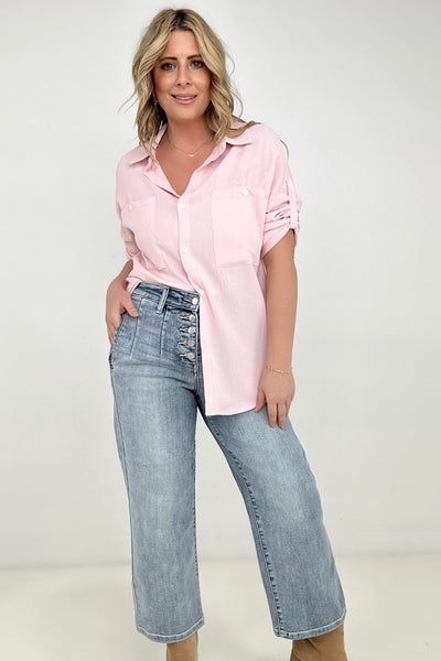Sample Cozy Co Fold Up Sleeve Button Down Blouse