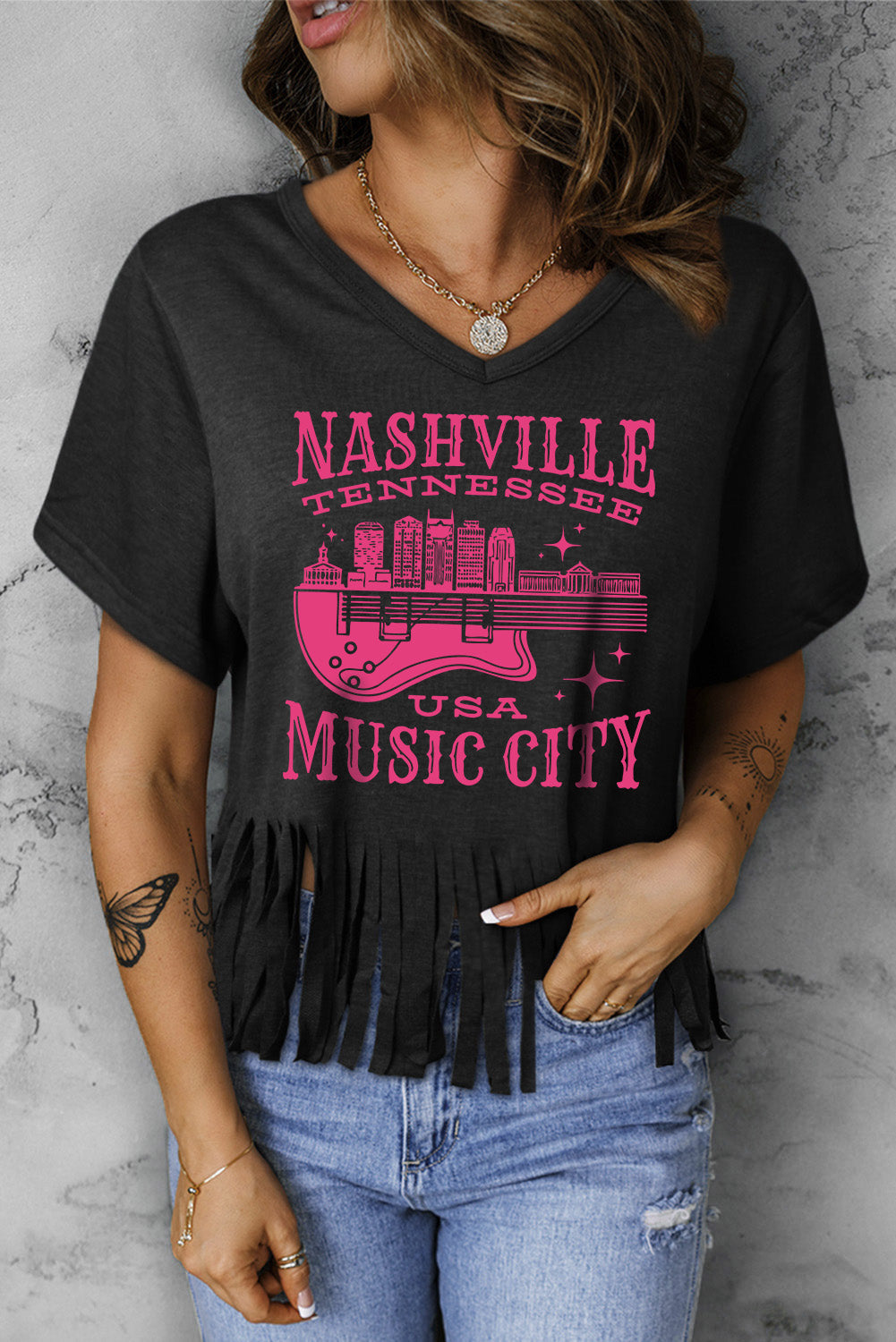 Sample Nashville TN USA MUSIC CITY Graphic Fringe Hem Tee