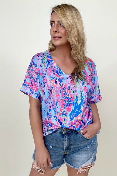 Oversized Watercolor Floral V Neck Tee