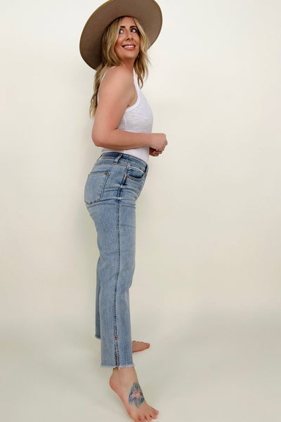 Sample Judy Blue Mid-Rise Side Slit Detail Crop Straight Jeans