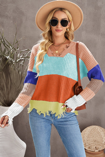 Woven Right Color Block Distressed V-Neck Ribbed Sweater