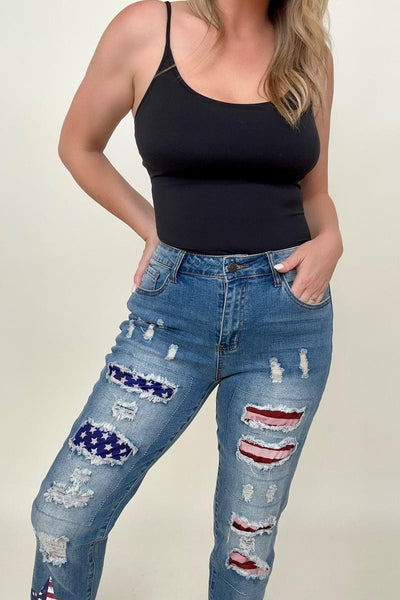 Stars And Stripes Patchwork Slim Fit Distressed Jeans