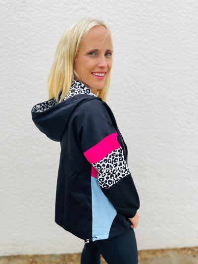 Leopard Color Block Zip-Up Hooded Jacket