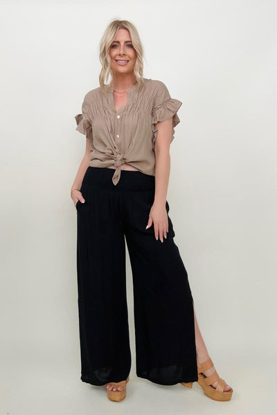 Cozy Co Crinkle Gauze Smocked Waist Wide Leg Side Slit Palazzo Pants